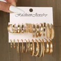 9-piece set of gold French vintage pearl and hoop earrings on jewelry card - Minimalist Twist Spiral Texture Gold Hoop Set (5813901HB)
