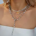 Conjunto de collares plateados de varias capas con colgante de cruz de cristal y perlas - Estilo de 4 Capas Cadena de Serpiente Perla Strass Cruz Plateado (6622802HB)