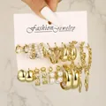 9-piece gold earring set featuring faux pearls and minimalist metal hoops - Woven Chain Pearl Hoop Gold Collection (5754201HB)