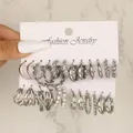 6-piece silver geometric hoop earring set with pearls on white fashion jewelry card - Polished Twist Multi-Layer Pearl Silver Hoop Set (5797102HB)
