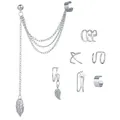 7-piece silver ear cuff set with chain, leaf pendant, and non-pierced double rings - Leaf Star Chain Set (5007625) / Silver