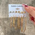 6-piece gold hoop and stud earring set with rhinestones on fashion display card - Rhinestone Ball Wave Gold Earring Set (5202904)