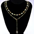Juego de collar dorado de doble capa con mariposas coloridas, perlas y un colgante cruz - Estilo de Doble Capa Mariposa Colorida Perla Cruz Dorado (6603601HB)
