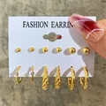 6-pair vintage gold earring set with pearls and twisted hoops on display card - Minimalist Twist Texture Gold Stud Set (53434)