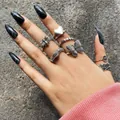 Retro silver multi-piece ring set featuring bee, butterfly, and heart designs - Bohemian Bee Butterfly Snake Collection (54927)