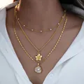 Conjunto de collares de tres capas chapados en oro con colgantes de flor y perla - Collar / Estilo de Capas Perla Flor Concha (6502301HB)