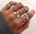 Set of 10 silver-tone fashion rings featuring pearls, chain links and twisted designs - Pearl Infinity Symbol Chain Collection (51184)