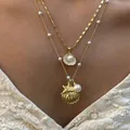 Set de collares dorados con colgantes de conchas estrellas de mar y perlas blancas - Collar / Estilo Océano Concha Estrella de Mar Perla (6508401HB)