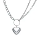Detail of silver asymmetric dual chain necklace with a puffy heart metal pendant - Silver Heart Splicing Double Chain Necklace