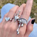 Three-piece gothic silver ring set featuring broken heart, sword and crying eye designs - Gothic Broken Heart Sword Tearful Eye Collection (55745)