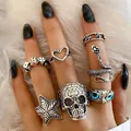 7-piece set of vintage silver-plated rings with skull, owl, and heart motifs - Skull Snake Owl Vintage Collection (5598901)
