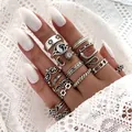 Retro silver alloy ring set featuring sun moon snake and bohemian hollow patterns - Bohemian Sun Moon Snake Yin Yang Collection (54168)