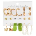 Set of 9 vintage gold earrings featuring pearls, resin hoops, and butterfly charms - Floral Butterfly Grand Collection (54734)