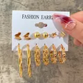 6-piece gold earring set with butterfly, star studs and textured hoop earrings - Butterfly Star Ball Twist Gold Earring Set (5312003)