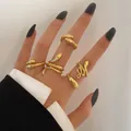 Five-piece set of adjustable golden snake rings with green eyes and scale texture - Golden Snake Scale Open Collection (5540101)