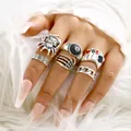 Retro punk gothic silver ring set featuring spade heart and skull motifs for women - Vintage Punk Clown Black 8 Poker Collection (5848501)