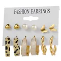 Set of 6 gold earrings featuring hearts, pearls, butterflies and leopard print hoops - Leopard Print Minimalist Assortment (54468)