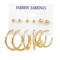 6-pair vintage gold earring set featuring diverse hoop designs and classic round studs - Bamboo Moon Ball Gold Earring Set (5312004)