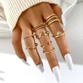 Golden multi-piece ring set featuring butterfly and heart designs with zircon stones - Gold Heart Rhinestone Hollow Set (53466) / Gold