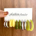 5-piece colorful acetate C-shape earring set with metal and resin hoop designs on card - Warm Yellow Resin Collection (5419425)