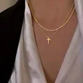 Double-layered golden necklace set featuring a cross pendant and beaded chain design - Gold Cross Pendant Double Layer Necklace (5727202)