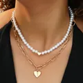 Collar de doble capa con cadena de clip dorada y perlas con colgantes de corazón - Corazón Perla Clip Dorado Doble Capa (6626801HB)