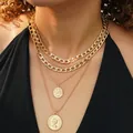 Juego de collares dorados de cuatro capas con colgantes de moneda y cadena cubana de moda - Relieve Retrato Moneda Dorado Cuatro Capas (6635901HB)