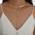 Set de collares dorados de tres capas con cadena de serpiente, colgante de corazón y cierre T - Corazón Circón Cierre OT Lágrima Dorado Tres Capas (6634401HB)