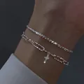 Bracciale a doppio strato argento con catena a graffetta e ciondolo a croce scintillante - Bracciale Doppio Strato Pendente Croce Argento (5862001)