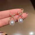 French vintage gold X-shaped earrings with micro-pave crystals and large white pearls - X-Cross Full Rhinestone Artificial Pearl Style