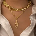 Double layered gold snake pendant necklace featuring chunky curb chain and thin link style - Gold Double Layer Snake Pendant Necklace