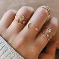 Golden stacking ring set featuring moon and star elements with sparkling zircon stones - Gold Moon Star Rhinestone Knuckle Ring 7-Piece Set (5762) / Gold