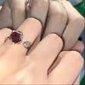 Silver open ring with a deep red round stone and a delicate 3D floral accent - Red Agate Organic Curve Style - Silver