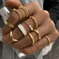 10pcs vintage gold chain and faux pearl ring set for women in stacked style - Gold Chain Enamel Artificial Pearl Ring Set (10 Pieces) (53593) / Gold