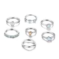 7-piece silver ring set featuring light blue and amber gemstones in various vintage styles - Vintage Carved Artificial Gemstone Ring Set (5392202) / 7-Pack Set / Silver