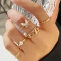 22-piece gothic gold ring set featuring butterfly, pearl, and hollow heart designs - Butterfly Pearl Cuban Chain 5-Piece Set (5379402) / Gold