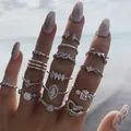 14-piece silver bohemian ring set with heart and leaf designs featuring white zircons - Silver Heart Love Rhinestone Set (5797) / Silver