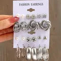 Silver-tone 6-piece earring set featuring C-shape hoops and faux pearl stud accents - Vintage Butterfly Heart Artificial Pearl Set (5599202HB)