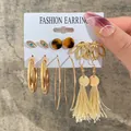 6-pair set of gold earrings featuring faux pearls, evil eye charms and beige tassels - Evil Eye Tortoise Tassel Gold Earring Set (5541)