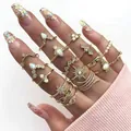 14-piece vintage gold bohemian ring set with celestial moon and star charms - Gold Opal Starburst Double Chain Ring Set (5587001) / Gold