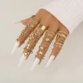 Set of gold heart and butterfly rings on female hand with white nails and knit cuff - Gold Butterfly Heart Letter Love Style (5839201HB) / 20 Pieces Set / Gold