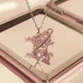 Pink heart planet pendant necklace with silver chain and zircon dopamine style charm - Pink Heart Planet Silver Style (5817901)