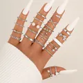 22-piece silver alloy ring set with butterfly heart motifs and faux pearls on hand - Silver Artificial Pearl Rhinestone Butterfly Heart Style (5799602HB) / Silver