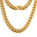 Makroansicht der goldenen Miami-Panzerkette mit detailliertem Sicherheitsverschluss - 12mm Breite 50cm / Gold