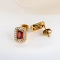 Detail view of gold earrings featuring rectangular red zircon with micro-pave crystals - Red Rectangular Style (E0005) / Gold