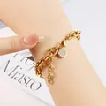 18K gold plated stainless steel chain bracelet with crystal encrusted circular pendant - Gold Round Charm (C0019-3)
