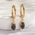 Detailed close-up of 18K gold-plated hoop earrings featuring black marquise zircon charms - Black Zirconia Style (E0084-6)