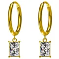 Macro view of 18K gold plated hoop earrings featuring emerald cut rectangular zircons - White Zirconia