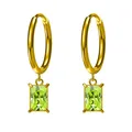 Detail of 18K gold-plated hoop earrings with rectangular light green zircon stones - Fruit Green Zirconia