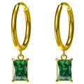 Close-up of 18K gold plated hoop earrings with emerald cut green zircon pendants - Green Zirconia